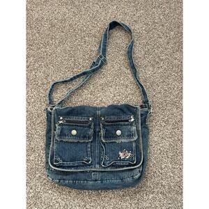 Denim Shoulder Messenger Bag Cotton Adjustable Strap Casual Everyday Embroidered